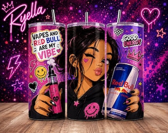 Pink Coquette Red Bull inspiriert Tumbler Wrap PNG Bündel | Vape & Energy Drink Girl 20 Unzen Skinny Tumbler Design | Sublimation Digitaler Download