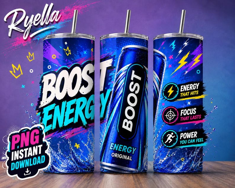 Boost Energy Drink Tumbler Wrap PNG | Neon Sublimation Design (Digital Download)