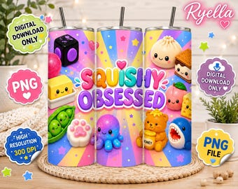 Squishy Obsessed Tumbler PNG, Pastell Kawaii Sublimation Wrap (digitaler Download)