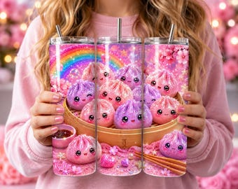 Kawaii Knödel Tumbler Wrap PNG | Rosa Lila Glitter Sublimationsdesign (digitaler Download)