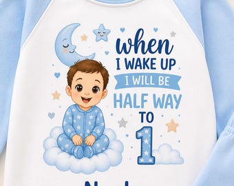 Personalised Halfway to One Baby Pyjamas, Custom Name Milestone Outfit, Pink Blue