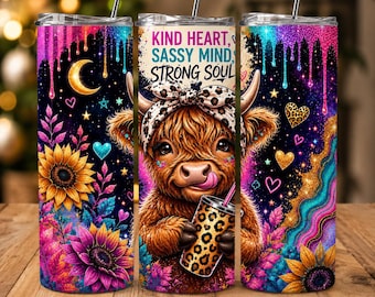 Highland Kuh Tumbler Verpackung PNG | Buntes Galaxy Leopard Sonnenblumen Design (Digitaler Download)