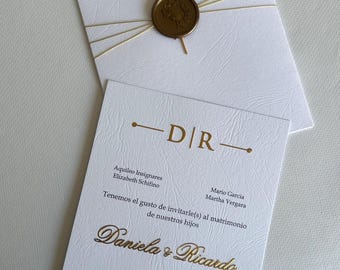 White Embossing Wedding Invitation, Embossing and Gold Foil Invitation, Elegant Gold Acrylic Wedding Invitation