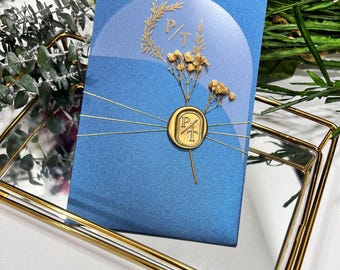 Navy Blue Wedding Invitation, Gold Foil Invitation, Elegant Gold Acrylic Wedding Invitation with, Golden Wax Seal
