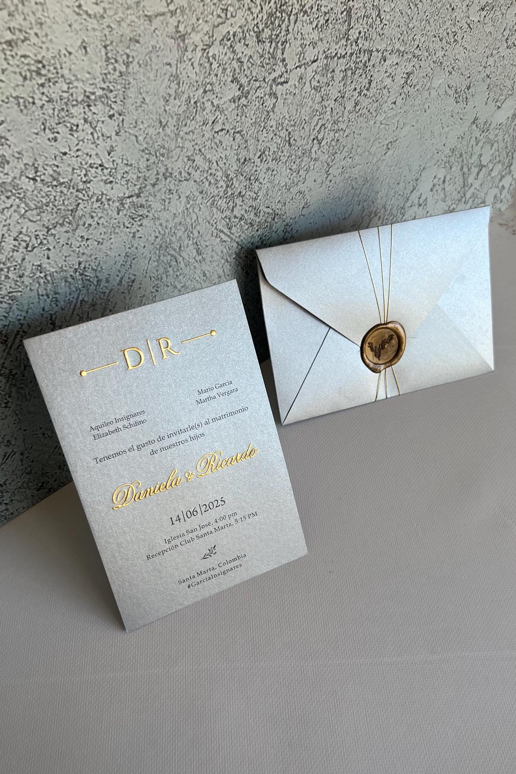 Grey Embossing and gold foil Invitation, Gold Foil Invitation, Elegant Gold Wedding Invitation with, Golden Wax Seal