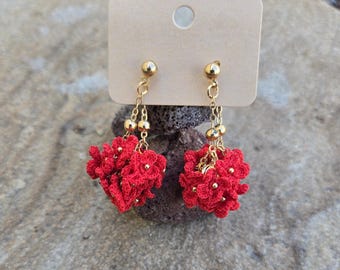 Handmade Red Micro Crochet Hydrangea Earrings: Gold Plated Dangle Jewelry