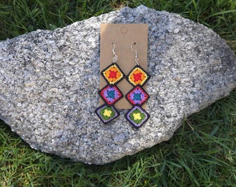 Handmade Granny Square Dangle Earrings: Colorful Crochet Motif