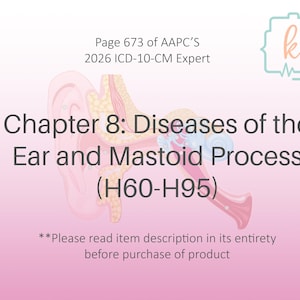 May include: A medical illustration of the ear, with text reading "Chapter 8: Diseases of the Ear and Mastoid Process (H60-H95)". The image is from page 673 of the 2026 ICD-10-CM Expert guide.