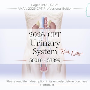 May include: An educational graphic titled 2026 CPT Urinary System 50010-53899 with Book Notes, featuring an anatomical illustration of the human urinary tract including kidneys, ureters, and bladder, referencing pages 397-421 of the AMA 2026 CPT Professional Edition.