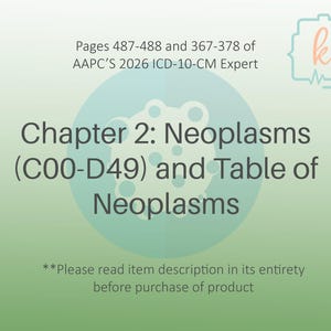 Puede incluir: Una página de referencia médica con el título "Capítulo 2: Neoplasias" y el rango de códigos C00-D49. El texto está sobre un fondo verde degradado con un círculo azul claro. El texto también incluye una nota para leer la descripción del artículo.