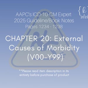 Peut inclure: Un panneau d'avertissement bleu et blanc avec une silhouette qui tombe. Le panneau indique "CHAPITRE 20 : Causes externes de morbidité (V00-Y99)". Le texte "AAPC'S ICD-10-CM Expert 2025 Guideline/Book Notes Pages 1234-1238" est en haut de l'image. Le texte "Veuillez lire la description de l'article dans son intégralité avant d'acheter le produit" est en bas de l'image.