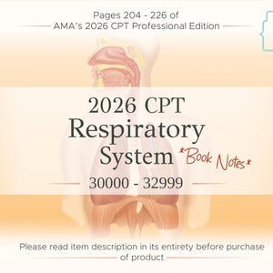 以下が含まれることがあります： 「2026 CPT Respiratory System」というタイトルの医療参考書の表紙。表紙には、茶色とオレンジ色のトーンで人間の呼吸器系のイラストが描かれており、「Book Notes」というテキストが添えられています。AMAの2026 CPT Professional Editionの一部で、204～226ページをカバーしています。