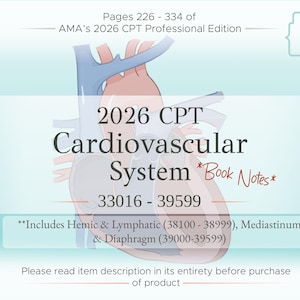 Könnte beinhalten: Medizinische Illustration eines Herzens mit Textüberlagerung. Der Text lautet "2026 CPT Cardiovascular System" mit dem Bereich "33016-39599". Enthält auch "Book Notes" und Informationen zu verwandten Systemen.