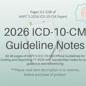 May include: A notebook with the text "2026 ICD-10-CM Guideline Notes" and the text "All 38 pages of AAPC's ICD-10-CM Official Guidelines for Coding and Reporting FY 2026". The notebook has colorful tabs and a pencil.