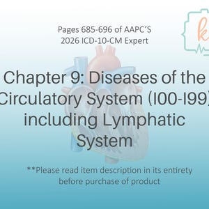 May include: Anatomy-themed graphic with a stylized heart illustration. Text includes "Chapter 9: Diseases of the Circulatory System" and "including Lymphatic System." The image also contains the text "Pages 685-696 of AAPC's 2026 ICD-10-CM Expert."