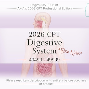Könnte beinhalten: Eine Illustration des menschlichen Verdauungssystems mit dem Text "2026 CPT Digestive System" und dem Bereich "40490-49999." Das Bild enthält auch den Text "Book Notes" und "Pages 335-396 of AMA's 2026 CPT Professional Edition."