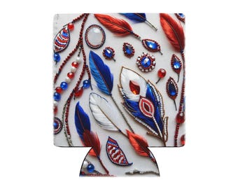 Can cooler of an ai inspired art of feathers in red, white and blue