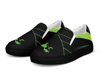 Men’s Slip-On Canvas Shoes Size 10 | Green & Black Abstract Preset Design | AI-Generated Artwork