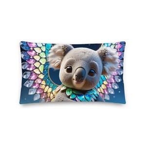 May include: A rectangular throw pillow featuring a central gray koala with large dark eyes. The koala is surrounded by a vibrant, fan-shaped display of multicolored, gem-like shapes in shades of pink, blue, yellow, and green against a dark blue background.