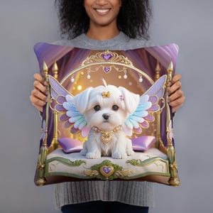 May include: A square throw pillow featuring a white puppy with iridescent wings sitting on a bed. The puppy wears a gold heart necklace and a small bow. The background shows a golden canopy bed frame with purple curtains and glowing lights.