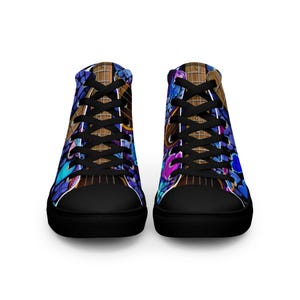 May include: A pair of high-top trainers featuring a vibrant graphic print of acoustic guitar necks and blue heart shapes. The shoes have black laces, black rubber toe caps, and black soles, providing a bold contrast to the colourful patterned canvas uppers.