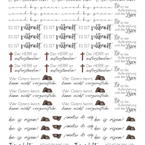 Puede incluir: Un conjunto de 12 pegatinas imprimibles con citas e imágenes religiosas. Las pegatinas presentan una variedad de diseños, que incluyen cruces, lápidas y un sombrero de pirata. El texto en las pegatinas incluye frases como "Mein Erlöser Lebt!" y "Jesus Lebt!"