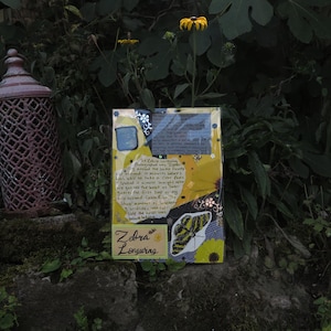 Puede incluir: Una obra de arte rectangular decorativa con un fondo amarillo y negro, que presenta una ilustración de mariposa y las palabras "Zebra Longwing". La obra de arte incluye texto escrito a mano y detalles florales.