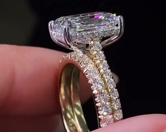 Anillo de compromiso de moissanita radiante de 4 quilates, anillo de novia radiante, conjunto de anillos de boda, anillo de halo oculto para mujeres, anillo de promesa de regalo de aniversario
