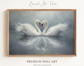Printable Romantic Animal Art, White Swans in Love Forming Heart, Classic Wildlife Painting, Valentines Day Decor, Digital Print | W246