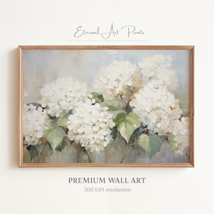 May include: A painting of white hydrangeas with green leaves against a light blue background. The painting is framed in a light wood frame.