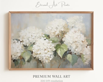Printable Hydrangea Art, Blooming White Hydrangeas, Classic Floral Painting, Brush Strokes, Vintage Farmhouse Decor, Digital Print | W096