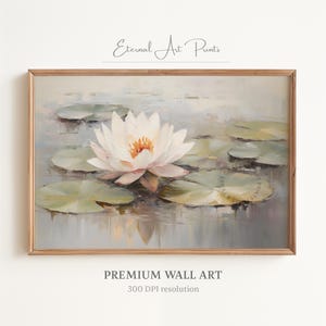 Printable Water Lily Art, Water Lilies in a Pond, Classic Floral Painting, Muted Colors, Vintage Farmhouse Decor, Digital Print | W357