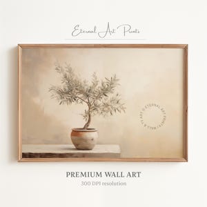 Könnte beinhalten: Gerahmter Kunstdruck mit einem Olivenbaum in einem Topf. Das Kunstwerk hat eine neutrale Farbpalette mit beigem Hintergrund und einem hellbraunen Holzrahmen. Der Text "Eternal Art Prints" und "Premium Wall Art" ist sichtbar.
