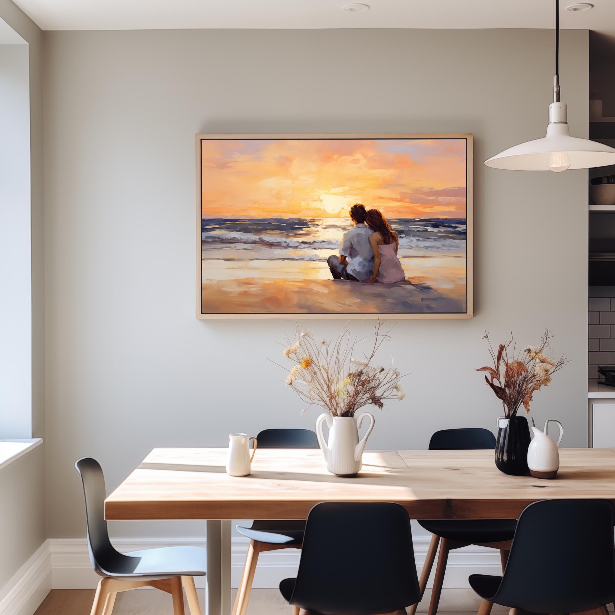Printable Romantic Beach Art, Couple Enjoying the Sunset on the Beach ...