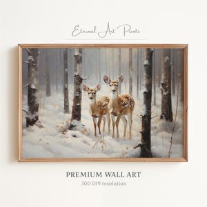 Printable Winter Wildlife Wall Art, Two Deer in Snowy Winter Forest, Woodland Animals, Oil Painting, Rustic Decor, Digital Print | W213