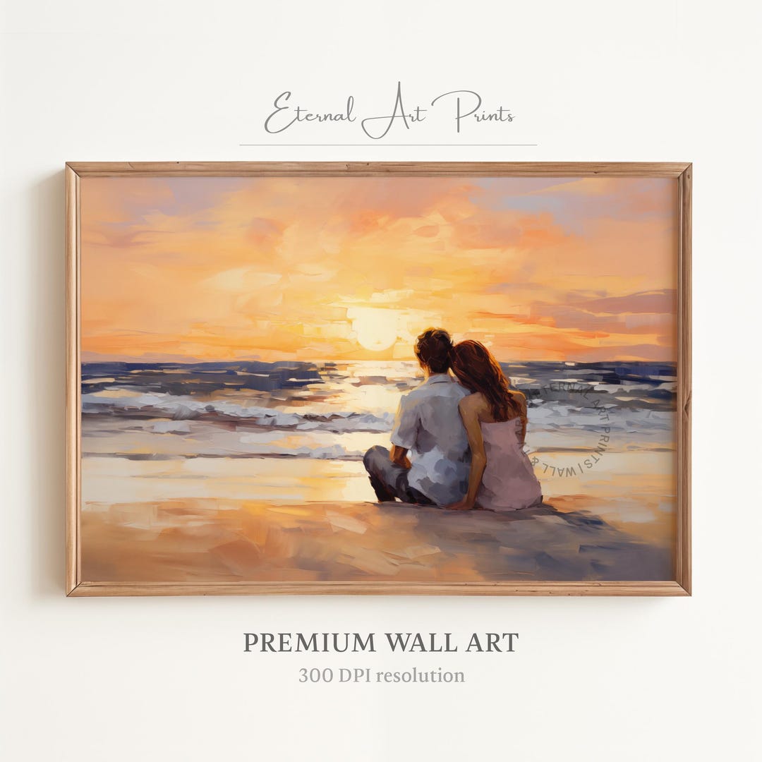 Printable Romantic Beach Art, Couple Enjoying the Sunset on the Beach ...