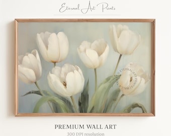 White Tulip Painting, Vintage Floral Art Print (Digital Print) | W333