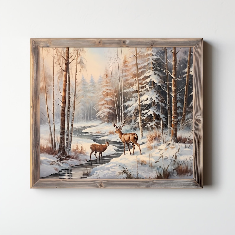 Printable Snowy Forest Wall Art, Deer by Winter Stream, Peaceful ...