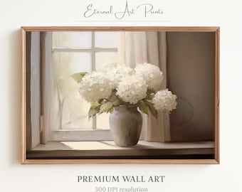 Vintage Hydrangea Oil Painting, Farmhouse Floral Print (Digital Print) | W097