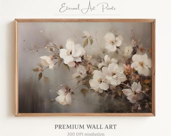 May include: A painting of a bouquet of white flowers with green leaves and stems. The flowers are arranged in a vase, and the background is a soft, muted gray.