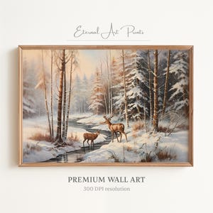 Printable Snowy Forest Wall Art, Deer by Winter Stream, Peaceful Woodland Scene, Oil Painting, Rustic Cottage Decor, Digital Print | W102