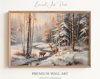Printable Snowy Forest Wall Art, Deer by Winter Stream, Peaceful Woodland Scene, Oil Painting, Rustic Cottage Decor, Digital Print | W102