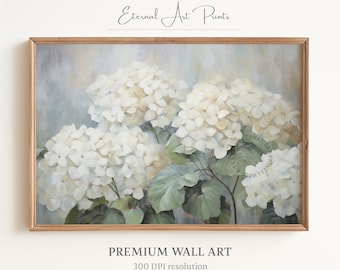 May include: A painting of white hydrangeas with green leaves against a light blue background. The painting is framed in a light wood frame.