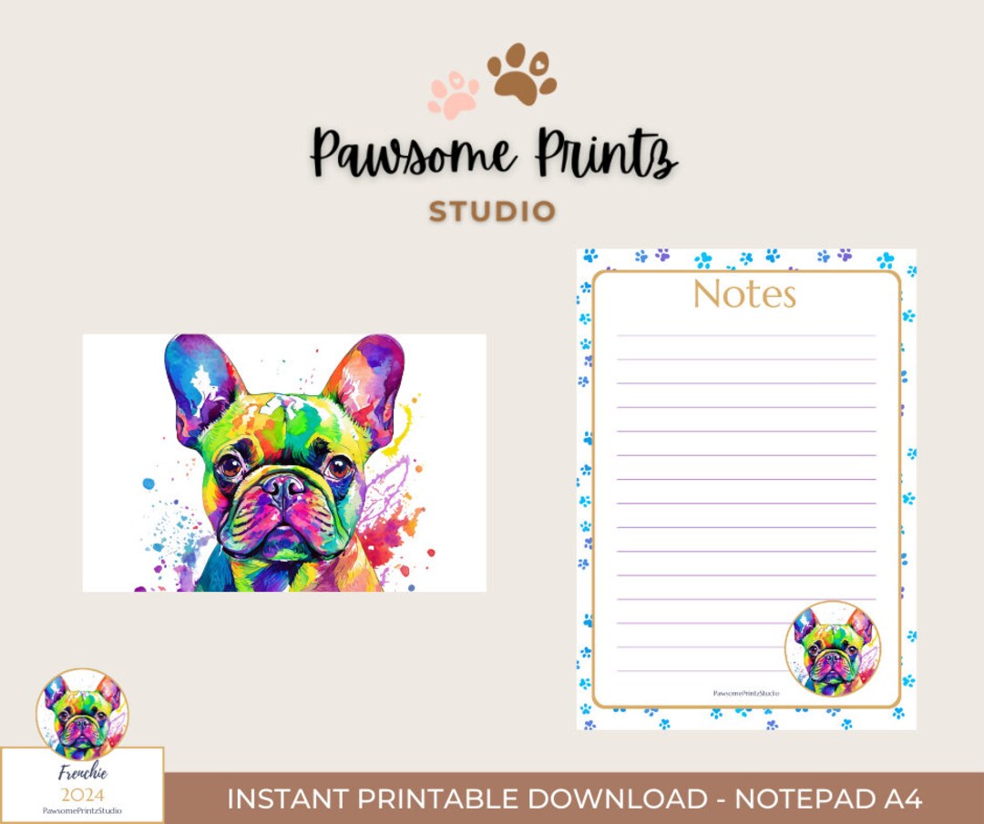 A4 Watercolor Frenchie Notepad Printable Dog Lover's Stationery Digital ...