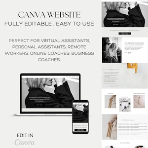 May include: A Canva website template for virtual assistants, personal assistants, remote workers, online coaches, and business coaches. The template features a black and white photo of a woman with the text "It is time to live your best life. Take steps to create the life you deserve. Let's talk." The template also includes a call to action button that says "Are you ready to turn your passion into profit?"