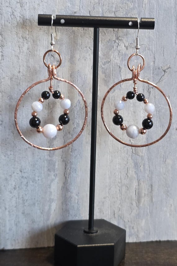 Blue Lace Agate and Tourmaline hammered copper earrings.