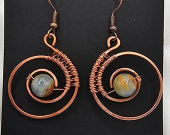Spiral Hoop | Blue Onyx  Earrings | Handmade Woven Copper Earrings