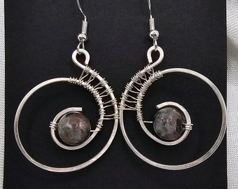 Sterling Silver and Larvikite Handmade Hoop Earrings