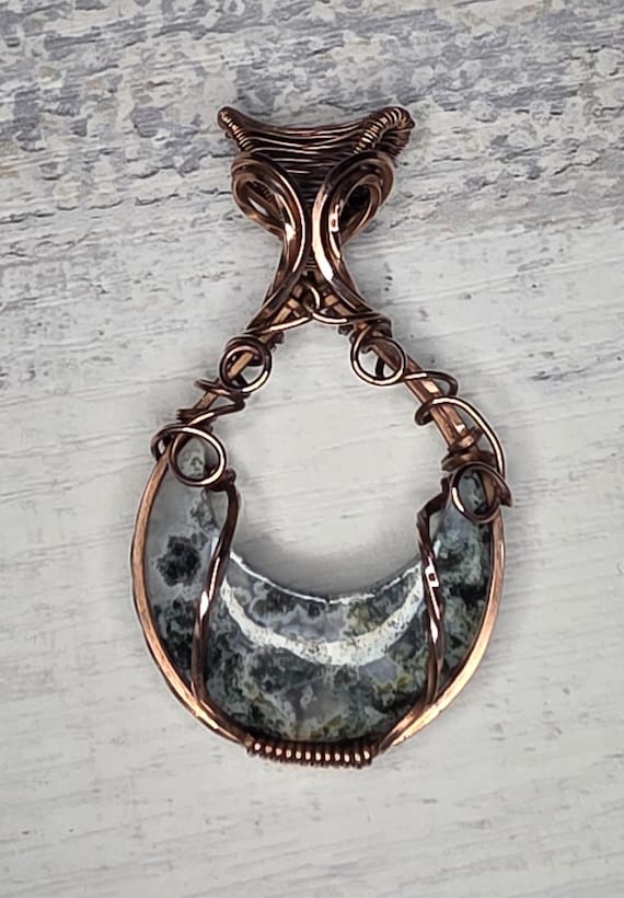 Moss Agate Copper Wrapped Pendant: