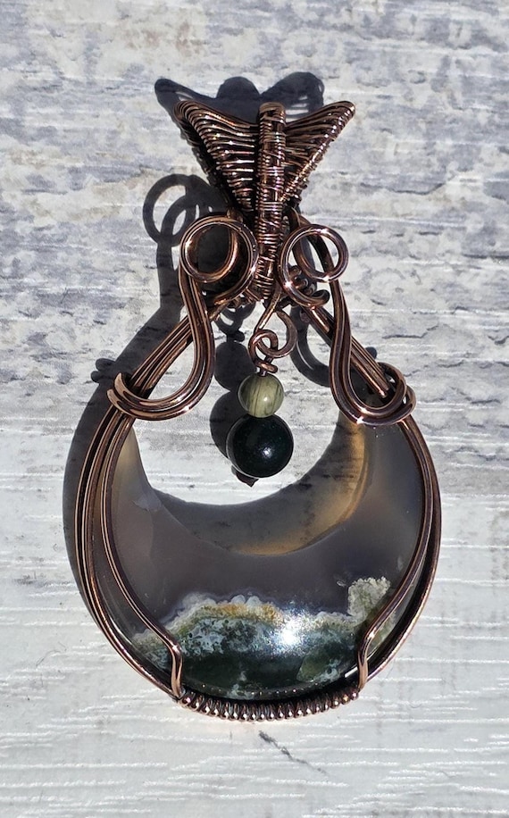 Moss Agate Moon Necklace: Spun Copper Wire Wrapped Pendant